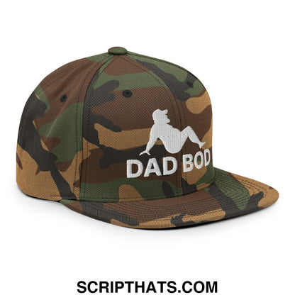 Camouflage snapback hat with white dad bod mud flap silhouette embroidery and flat bill brim design