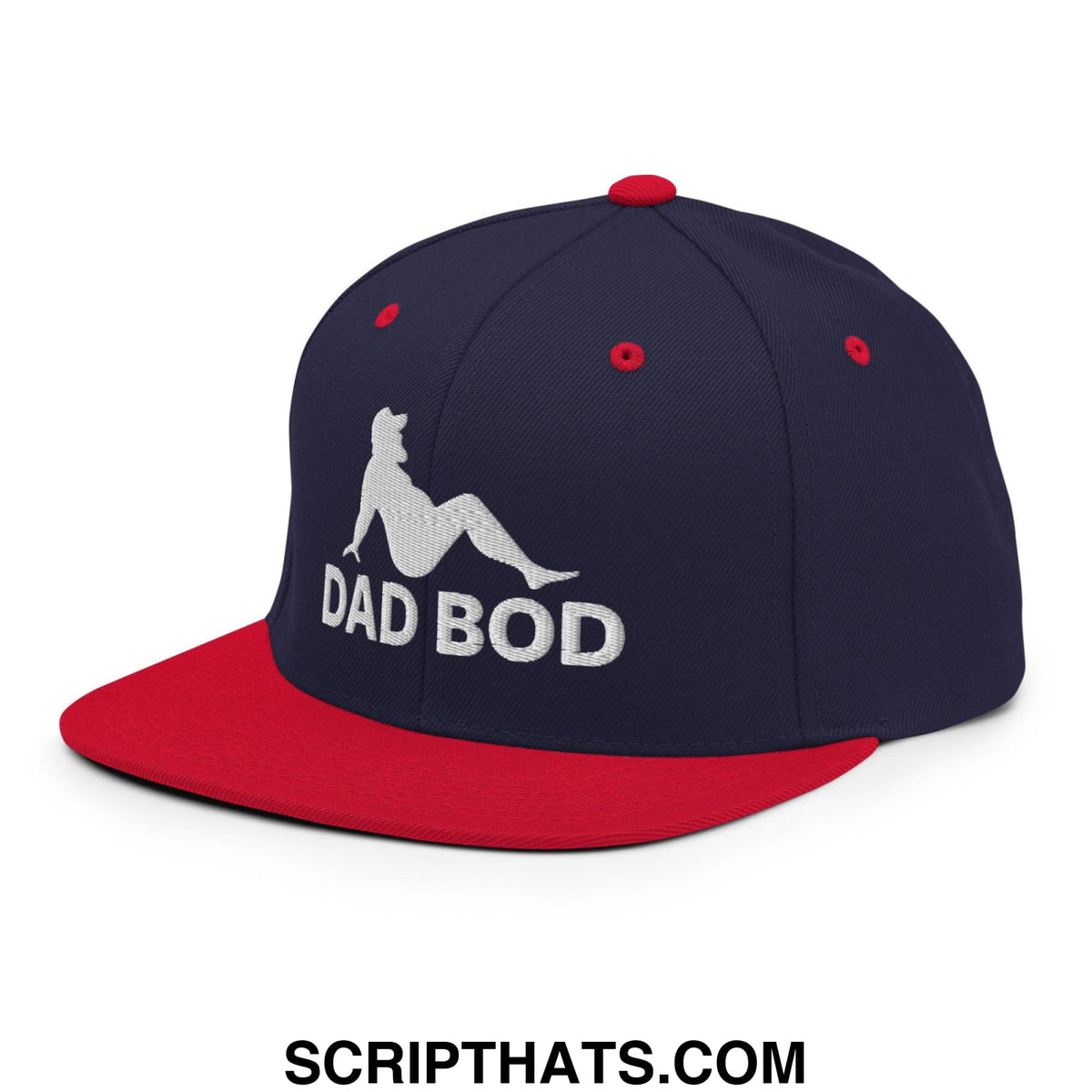 Navy blue and red snapback hat with white dad bod embroidery and mud flap silhouette on flat bill brim
