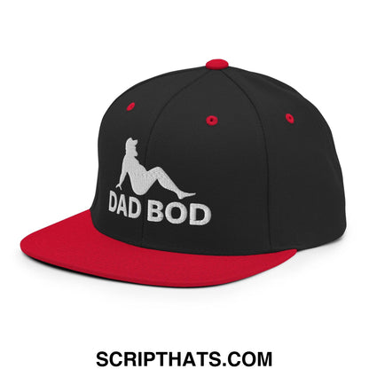 Black and red snapback hat with white embroidered dad bod graphic featuring relaxed woman silhouette on flat bill brim