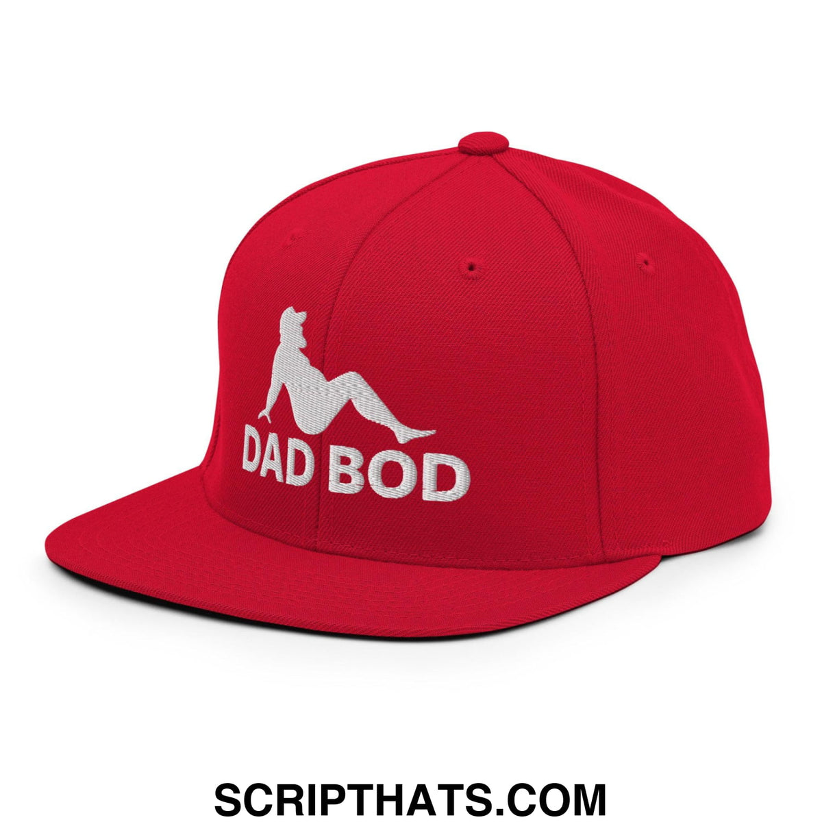 Red snapback hat with white embroidered dad bod text and mud flap silhouette on flat bill brim