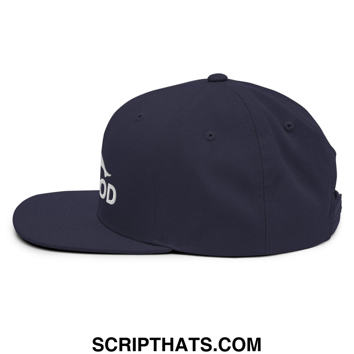 Navy blue dad bod mud flap silhouette snapback hat with white embroidered lettering on the side and flat bill brim