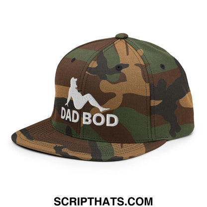 Camouflage snapback hat with white embroidered reclining figure and dad bod text flat bill brim design