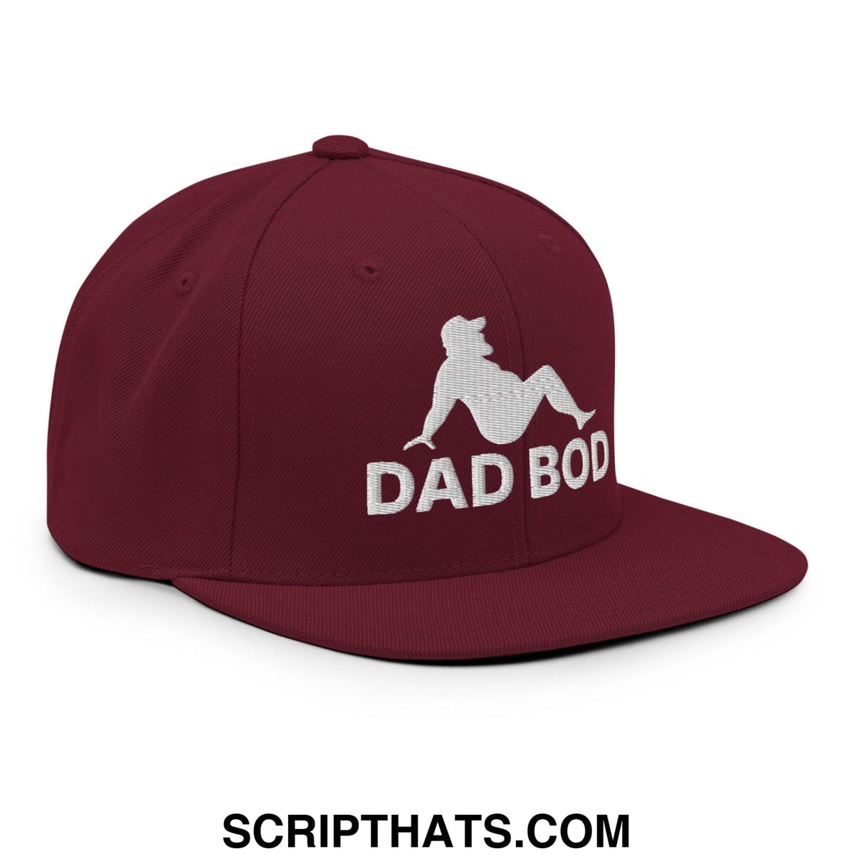 Maroon snapback hat with white embroidered dad bod text and mud flap silhouette on flat bill brim
