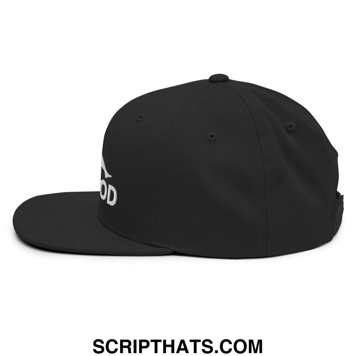 Black dad bod mud flap silhouette snapback hat with white embroidered lettering on the side and flat bill brim