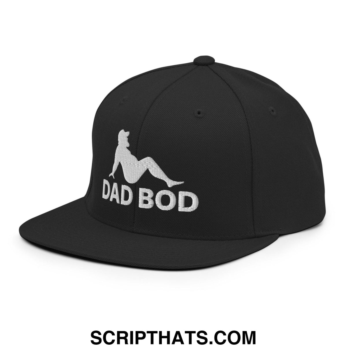 Black snapback hat with white embroidered dad bod text and mud flap silhouette on flat bill brim