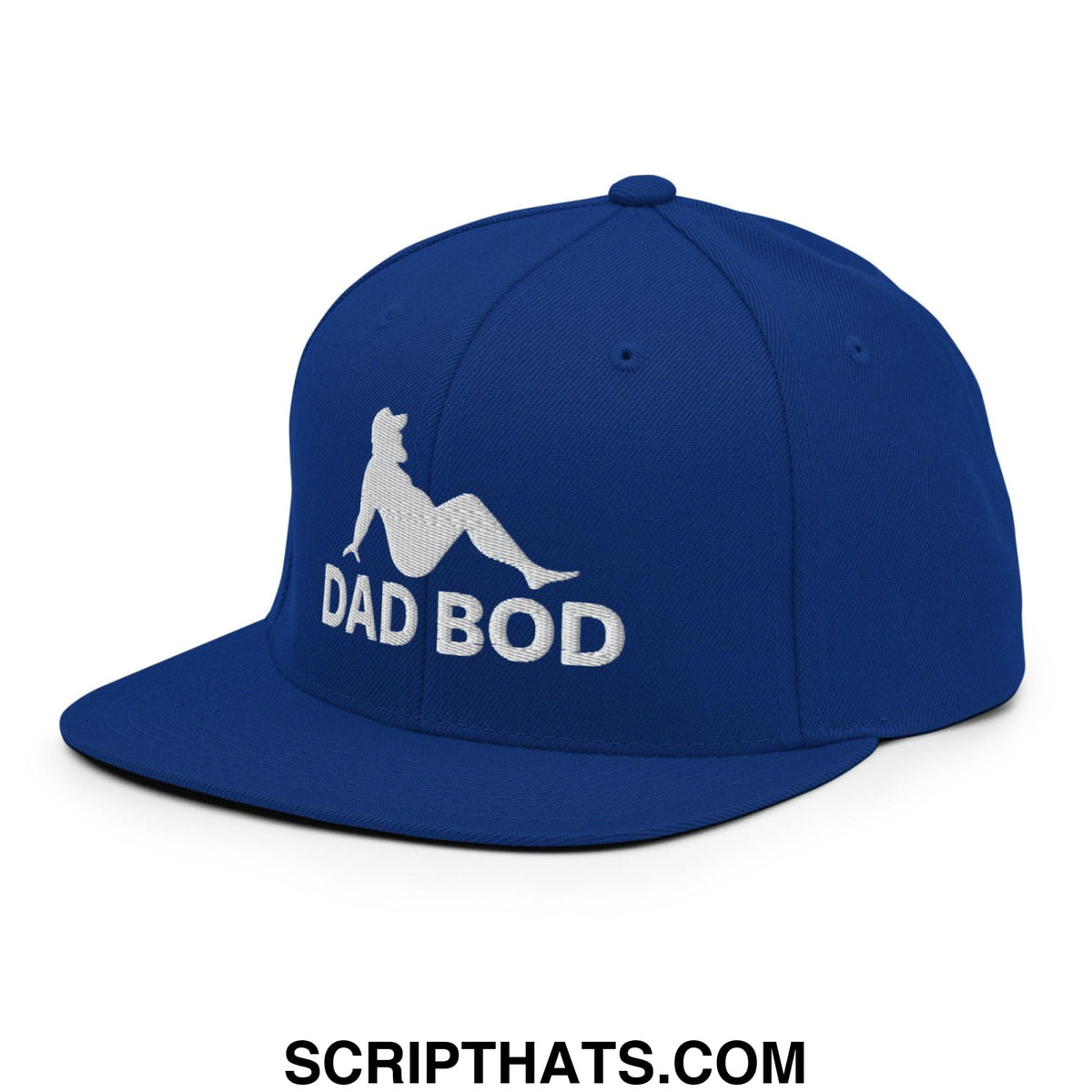 Royal blue snapback hat with white dad bod mud flap silhouette embroidered on flat bill brim