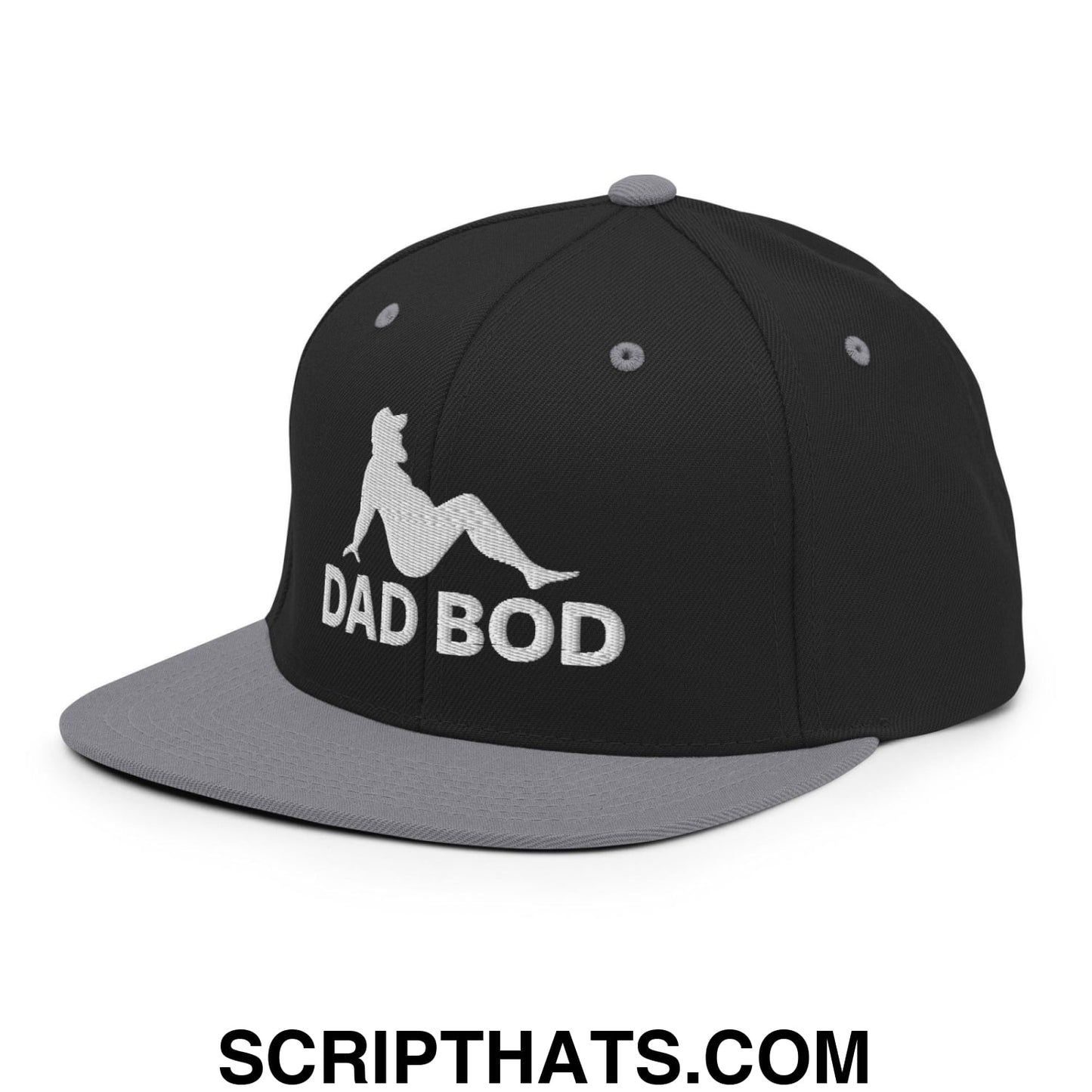 Dad Bod Mud Flap Silhouette Embroidered Flat Bill Brim Snapback Hat Black Silver