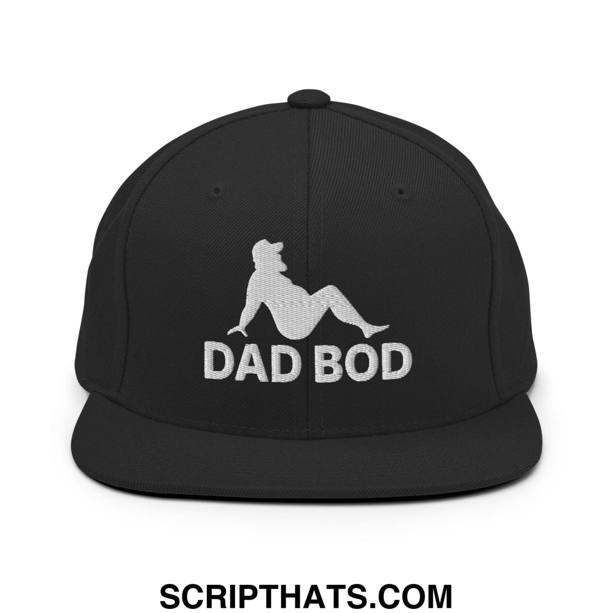 Black snapback hat with white embroidered dad bod mud flap silhouette design and flat bill brim