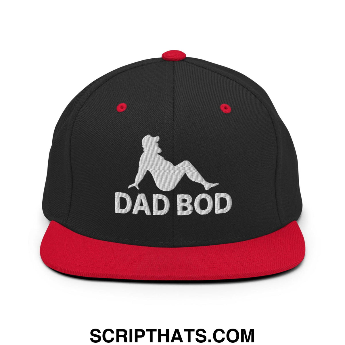 Black and red snapback hat with white embroidered dad bod text and mud flap silhouette on flat bill brim