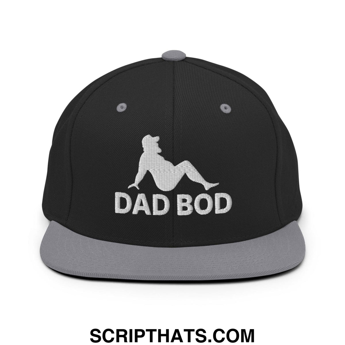 Black snapback hat with gray brim featuring white embroidered dad bod mud flap silhouette design on front panel