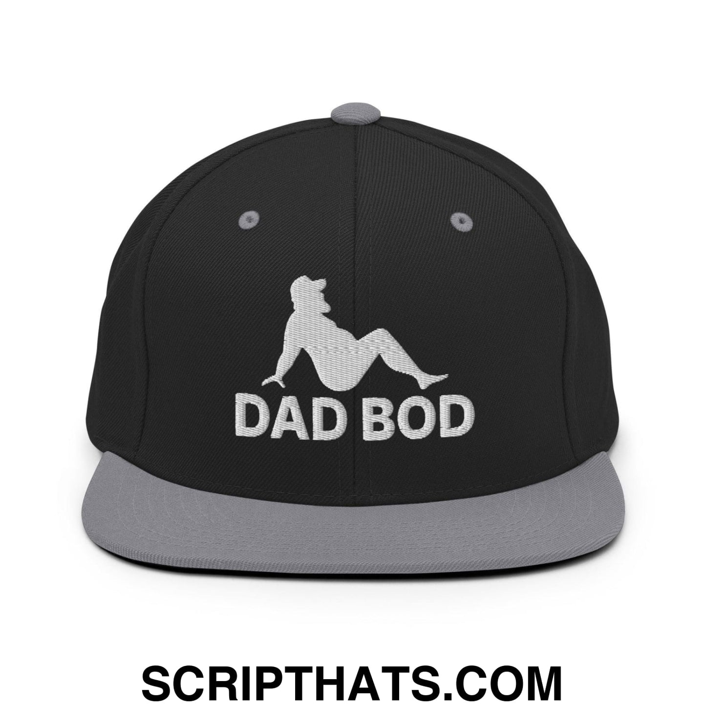 Dad Bod Mud Flap Silhouette Embroidered Flat Bill Brim Snapback Hat Black Silver