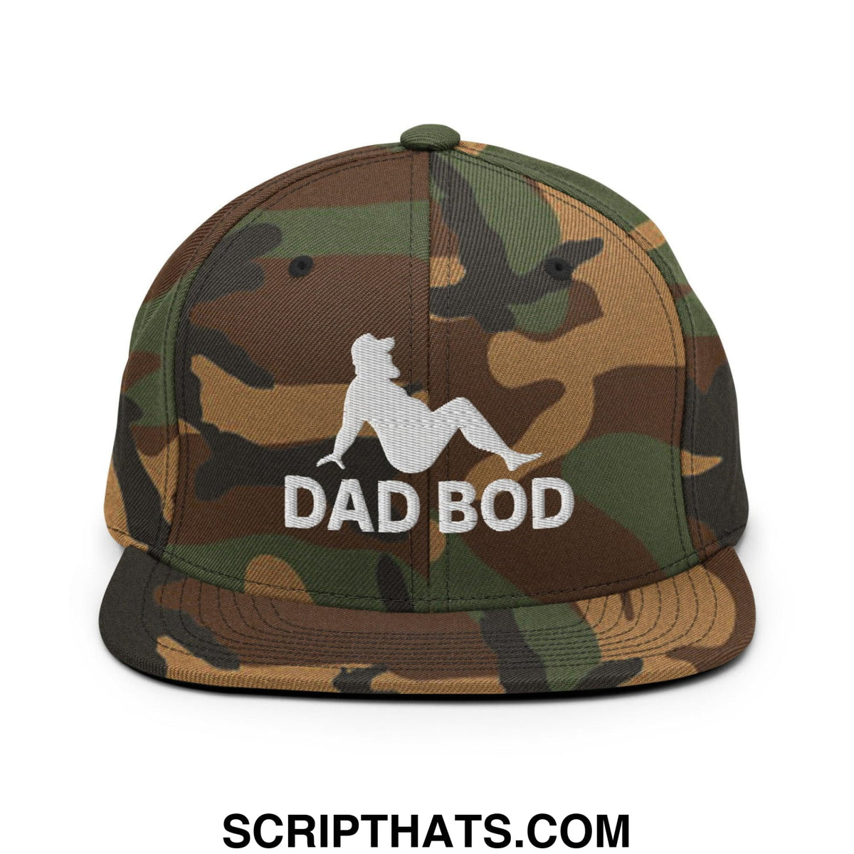 Camouflage snapback cap with white embroidered reclining figure above dad bod text on flat bill brim hat