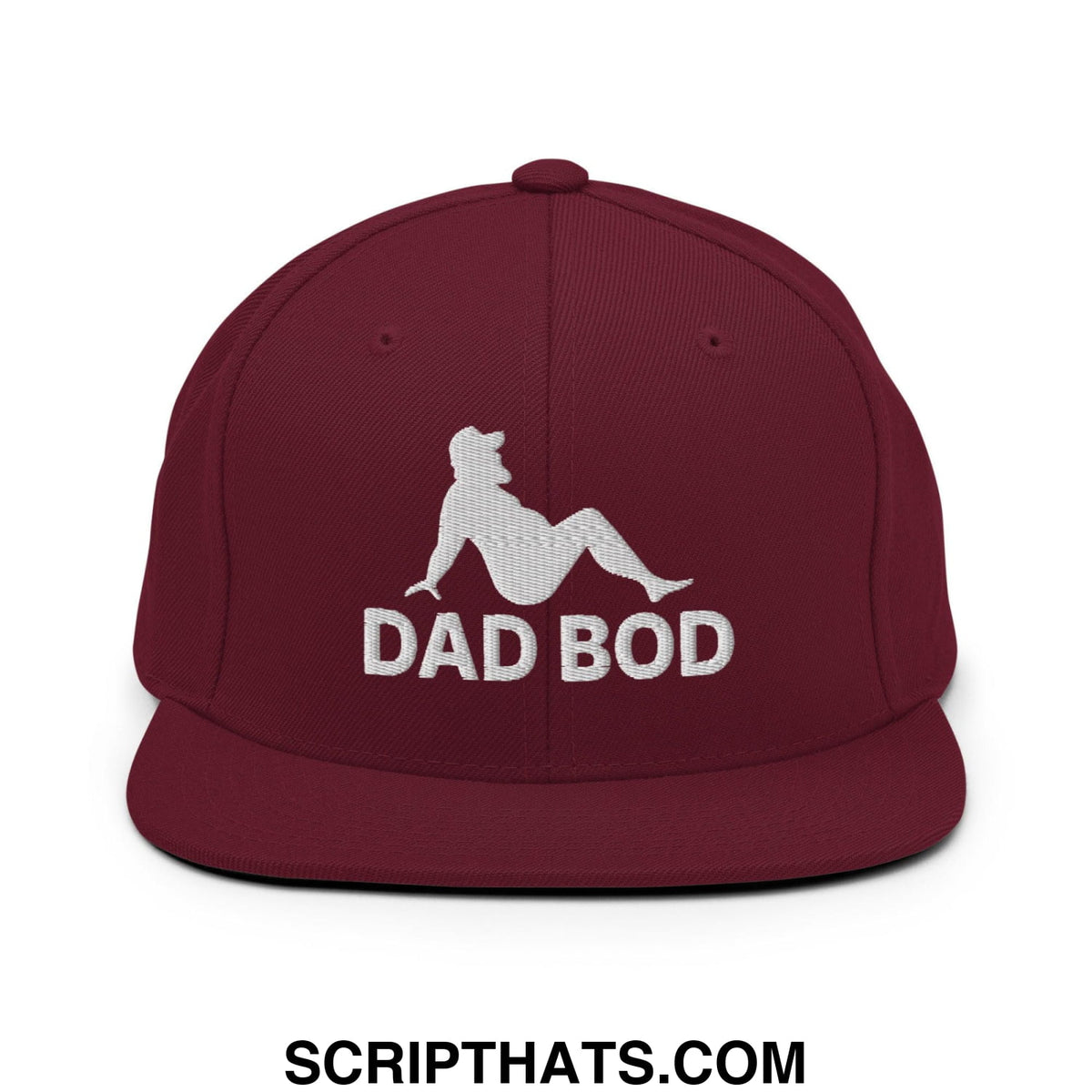 Maroon snapback hat with white embroidered dad bod text and mud flap silhouette flat bill brim design