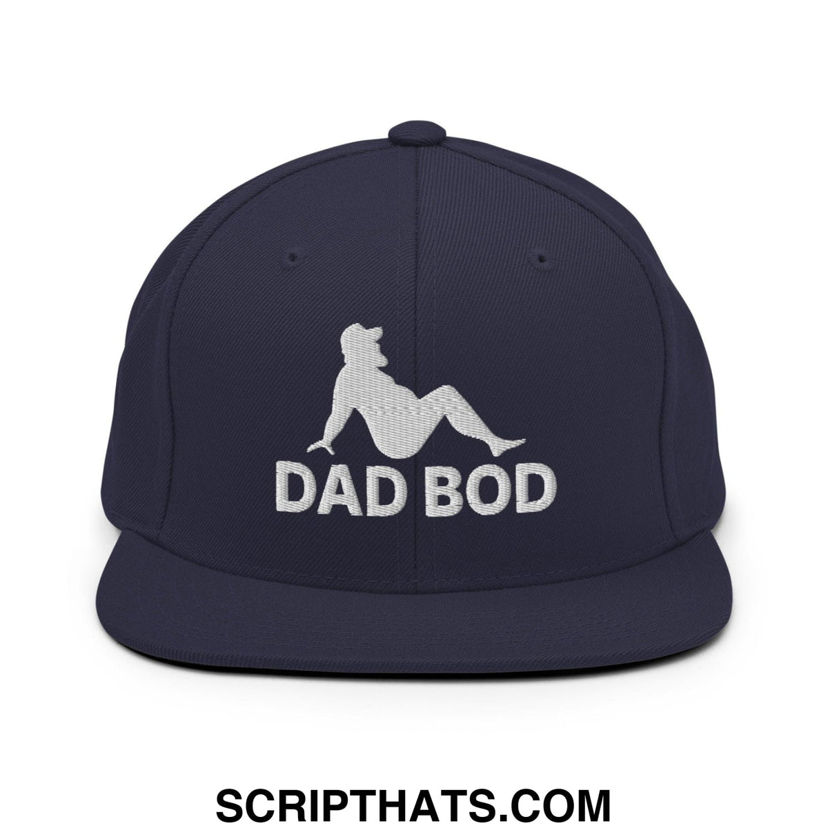 Navy blue snapback hat with white embroidered dad bod text and mud flap silhouette flat bill brim design