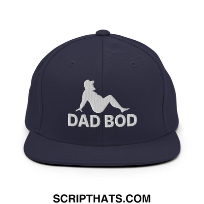 Navy blue snapback hat with white embroidered dad bod text and mud flap silhouette flat bill brim design