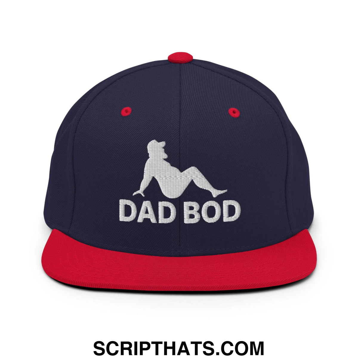 Navy blue and red snapback hat with white embroidered dad bod mud flap silhouette and flat bill brim design
