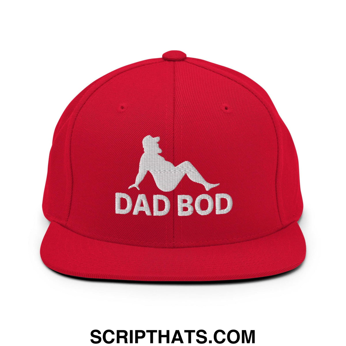 Red snapback cap with white embroidered dad bod text and mud flap silhouette design flat bill brim hat