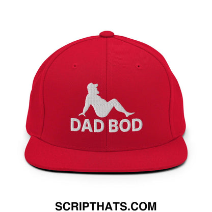 Red snapback cap with white embroidered dad bod text and mud flap silhouette design flat bill brim hat