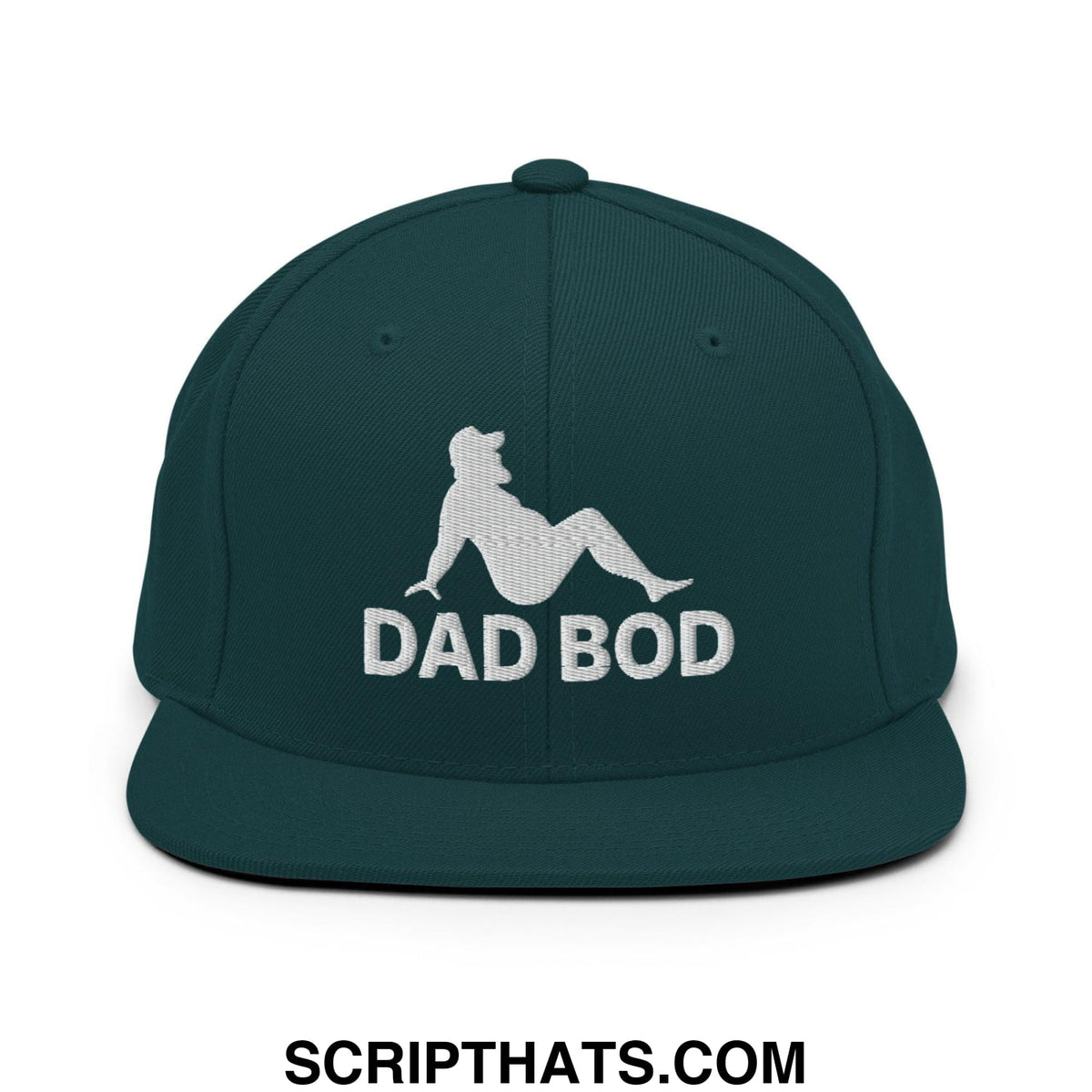 Dark green snapback hat with white embroidered dad bod text and mud flap silhouette flat bill brim design