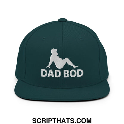 Dark green snapback hat with white embroidered dad bod text and mud flap silhouette flat bill brim design