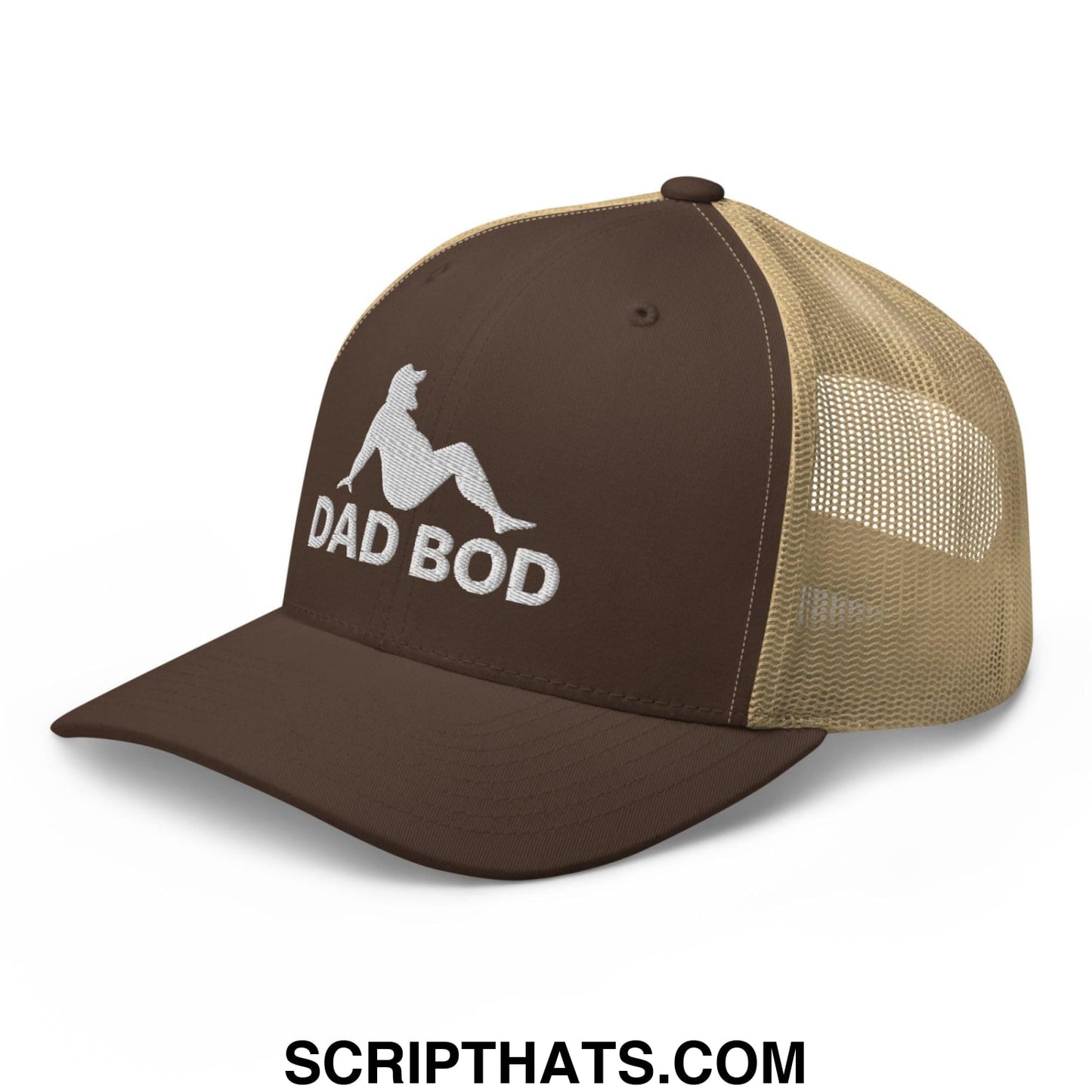 Dad Bod Mud Flap Silhouette Embroidered Mesh Trucker Hat Brown Khaki