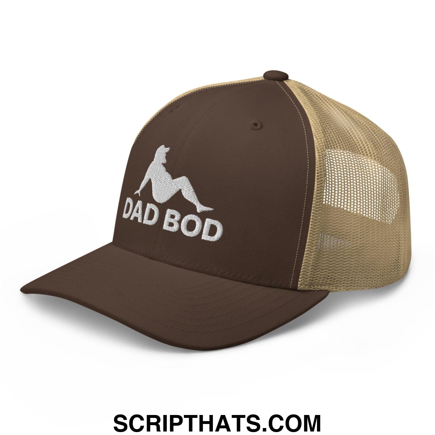 Dad Bod Mud Flap Silhouette Embroidered Mesh Trucker Hat Brown Khaki