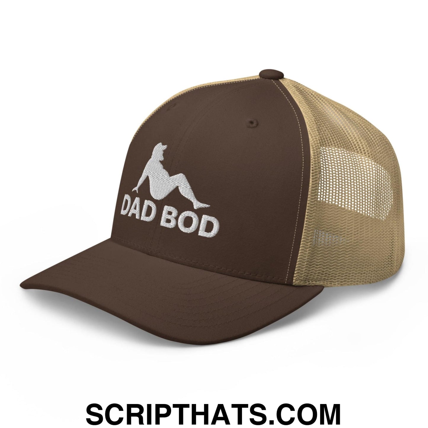 Dad Bod Mud Flap Silhouette Embroidered Mesh Trucker Hat Brown Khaki