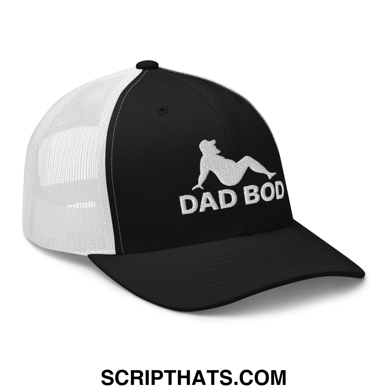 Dad Bod Mud Flap Silhouette Embroidered Mesh Trucker Hat Black White