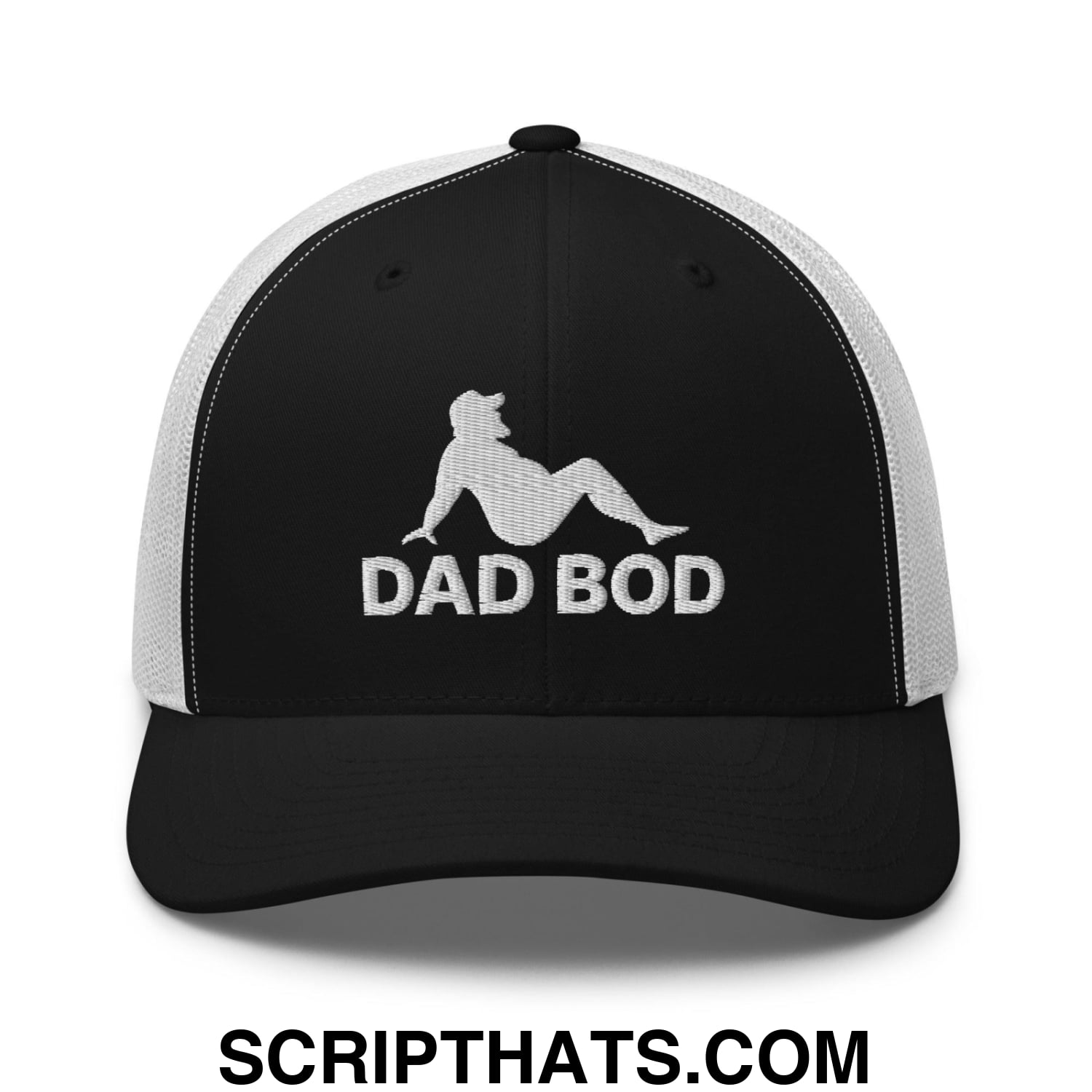 Dad Bod Mud Flap Silhouette Embroidered Mesh Trucker Hat Black White