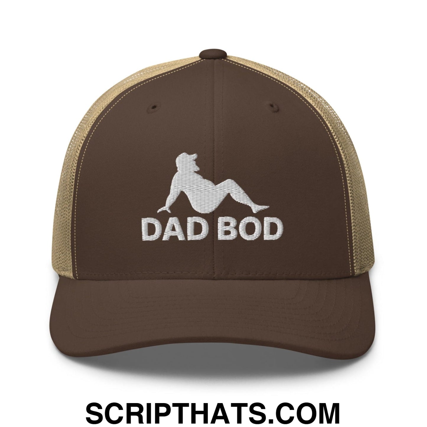 Dad Bod Mud Flap Silhouette Embroidered Mesh Trucker Hat Brown Khaki