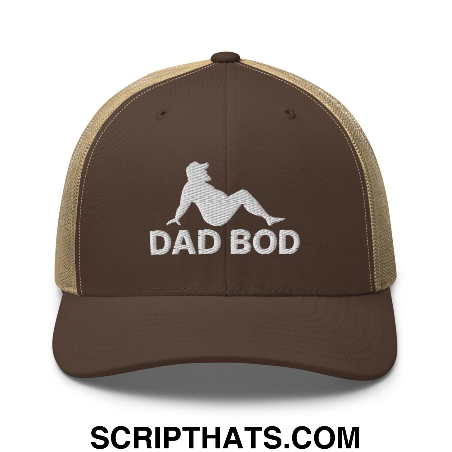 Dad Bod Mud Flap Silhouette Embroidered Mesh Trucker Hat Brown Khaki