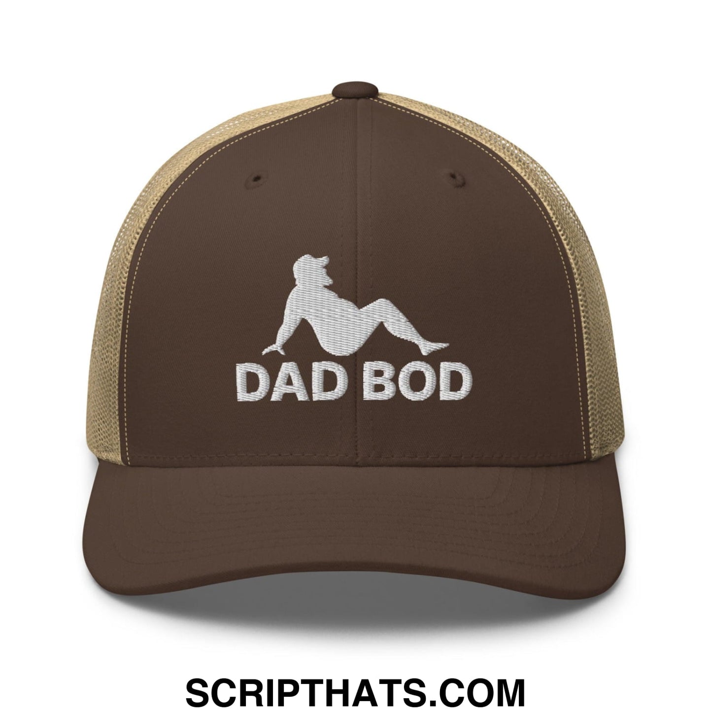 Dad Bod Mud Flap Silhouette Embroidered Mesh Trucker Hat Brown Khaki