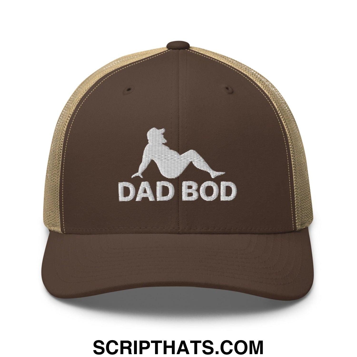 Dad Bod Mud Flap Silhouette Embroidered Mesh Trucker Hat Brown Khaki
