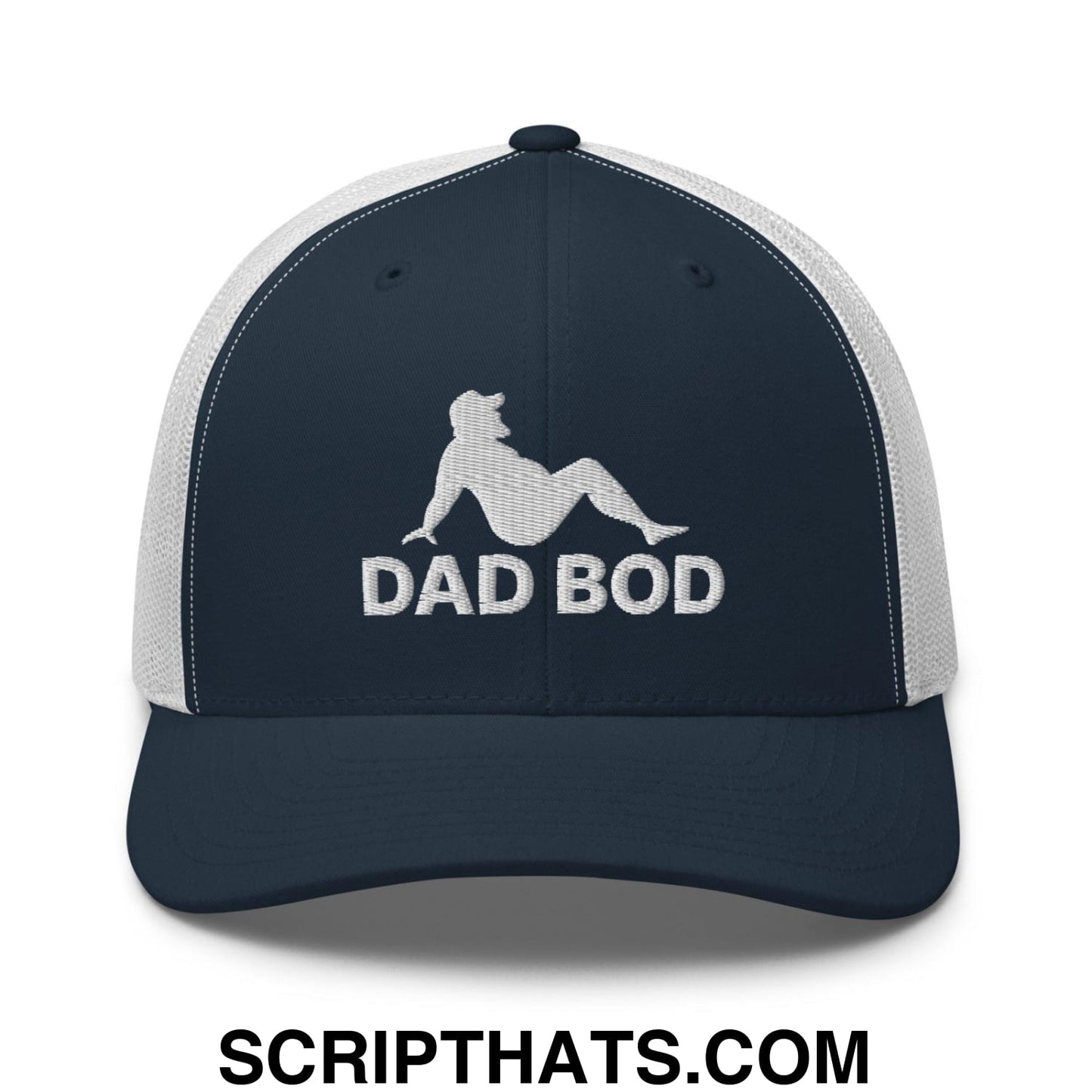 Dad Bod Mud Flap Silhouette Embroidered Mesh Trucker Hat Navy White