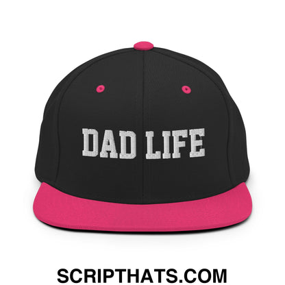 Dad Life Embroidered Flat Bill Brim Snapback Hat Black Neon Pink