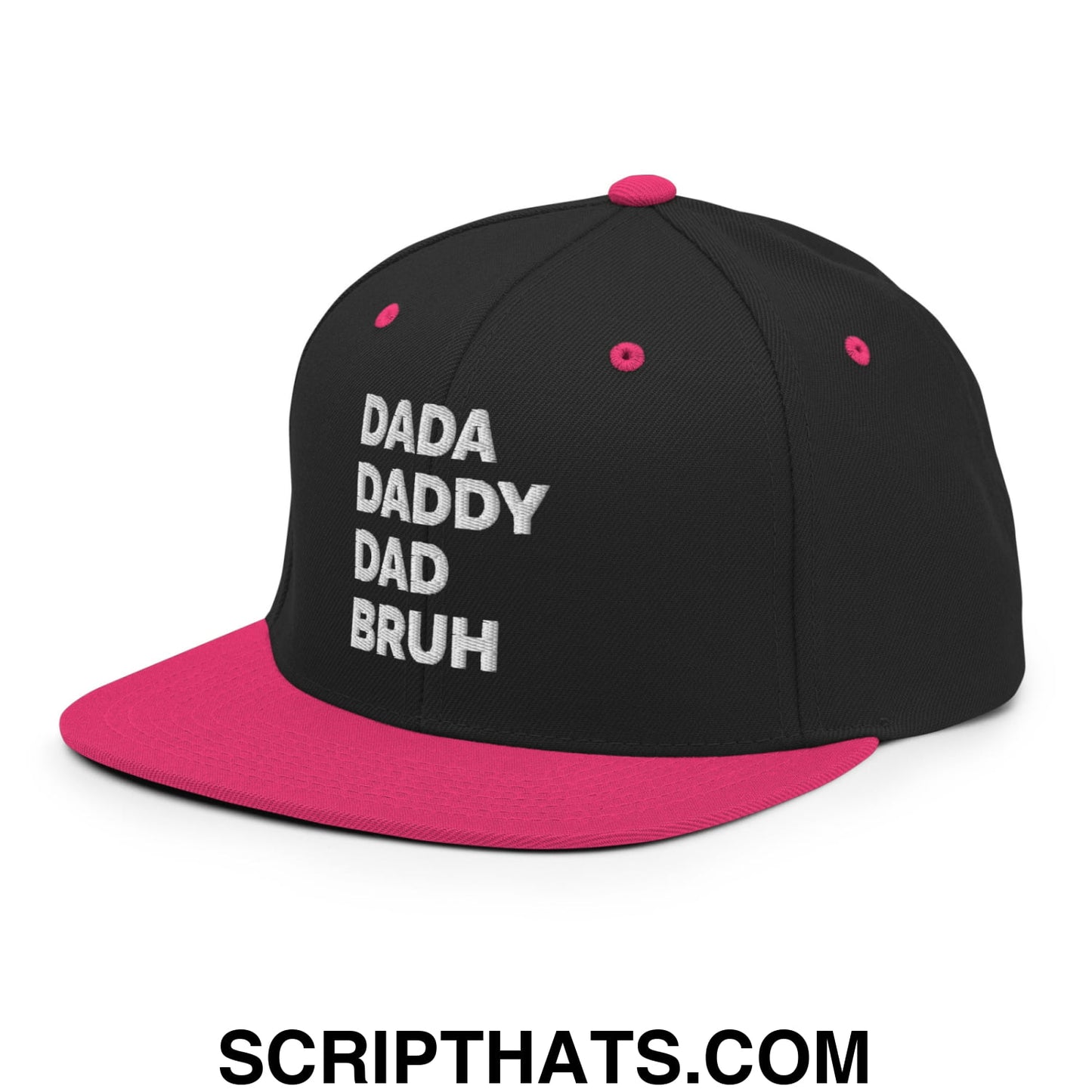 Dada Daddy Dad Bruh Embroidered Flat Bill Brim Snapback Hat Black Neon Pink