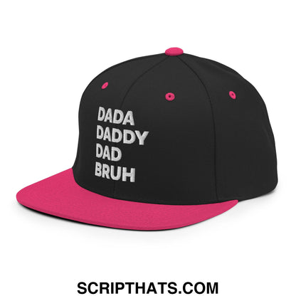 Dada Daddy Dad Bruh Embroidered Flat Bill Brim Snapback Hat Black Neon Pink