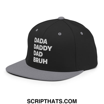 Dada Daddy Dad Bruh Embroidered Flat Bill Brim Snapback Hat Black Silver