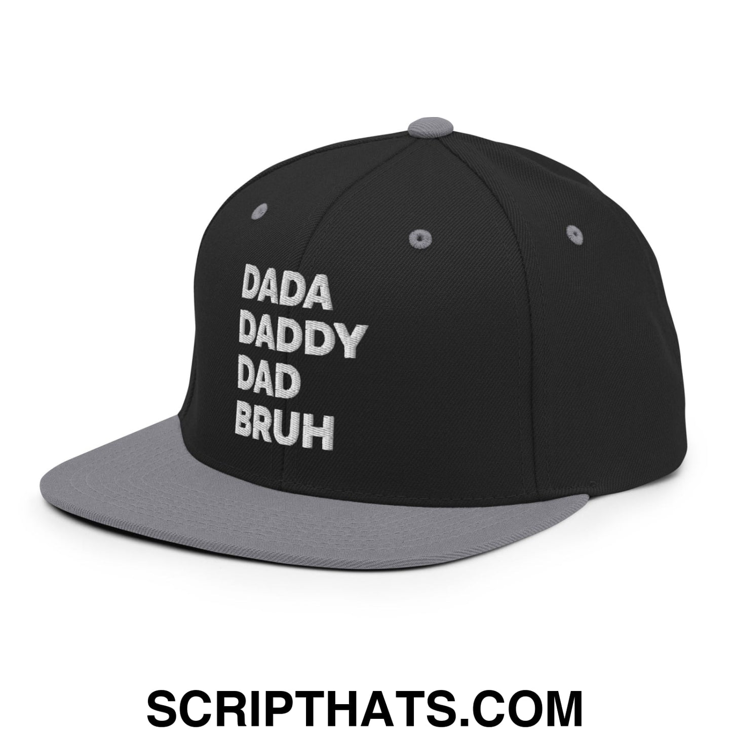 Dada Daddy Dad Bruh Embroidered Flat Bill Brim Snapback Hat Black Silver