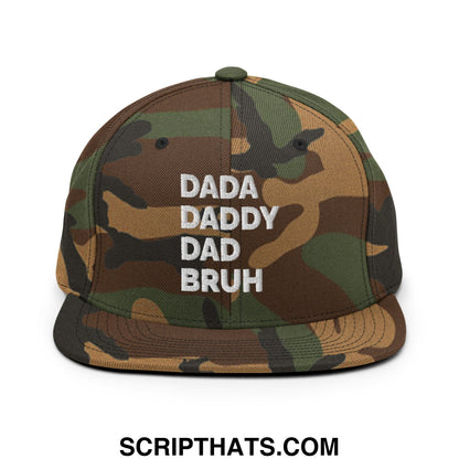 Dada Daddy Dad Bruh Embroidered Flat Bill Brim Snapback Hat Green Camo