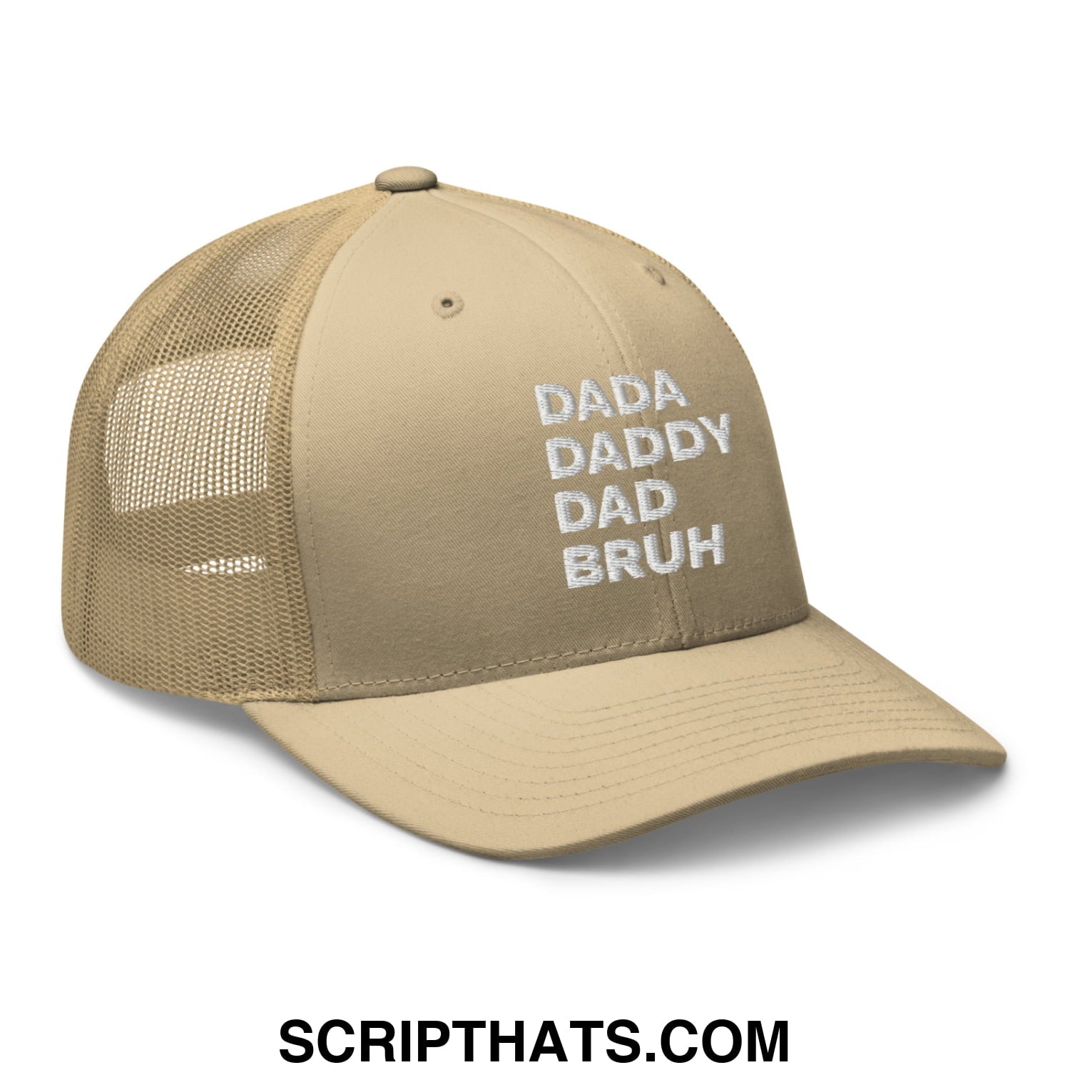 Dada Daddy Dad Bruh Embroidered Mesh Trucker Hat Khaki