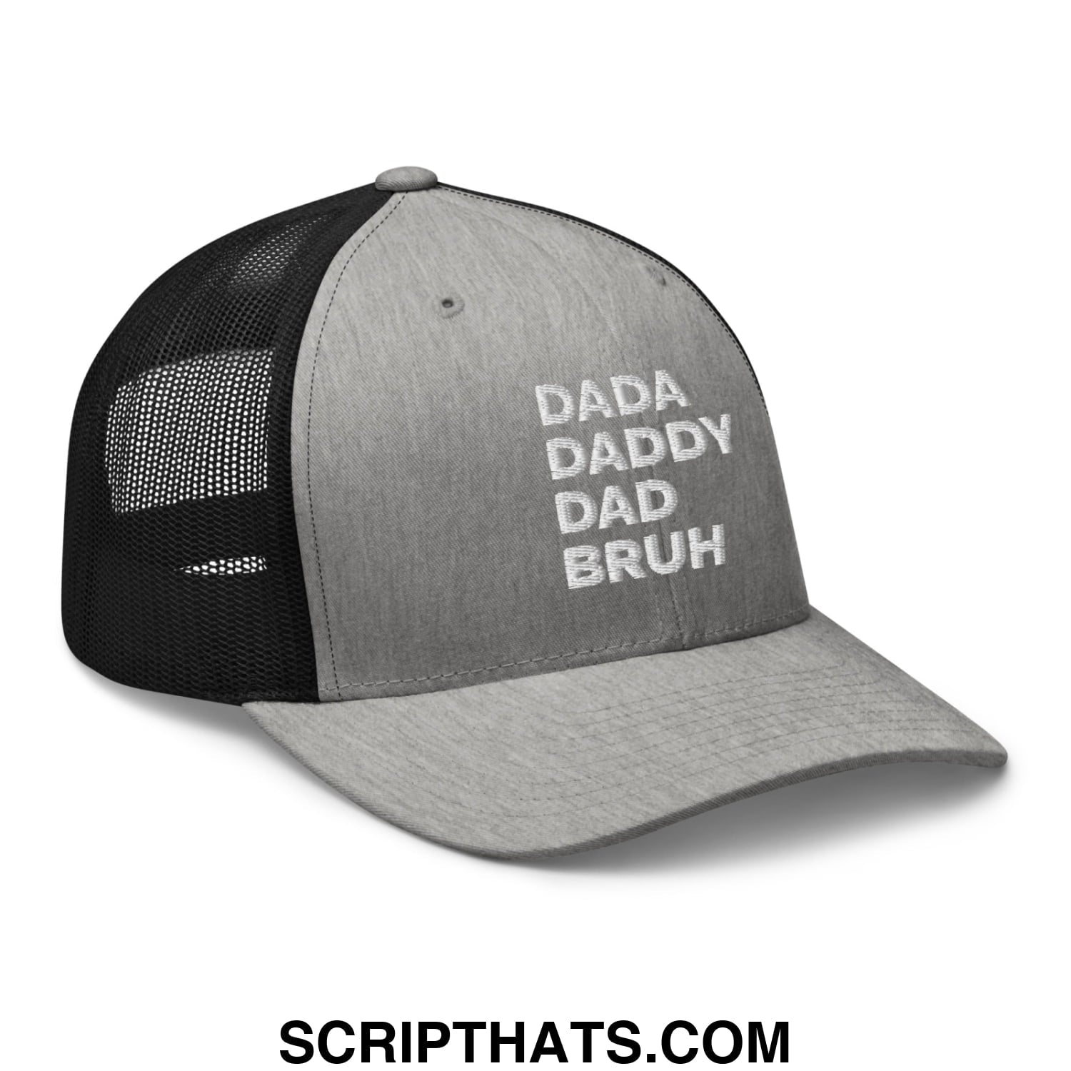 Dada Daddy Dad Bruh Embroidered Mesh Trucker Hat Heather Black