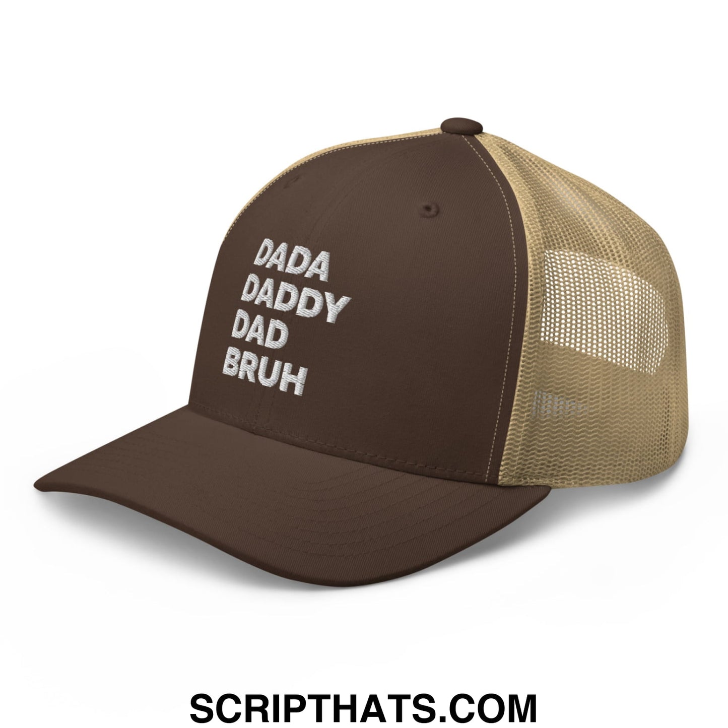 Dada Daddy Dad Bruh Embroidered Mesh Trucker Hat Brown Khaki