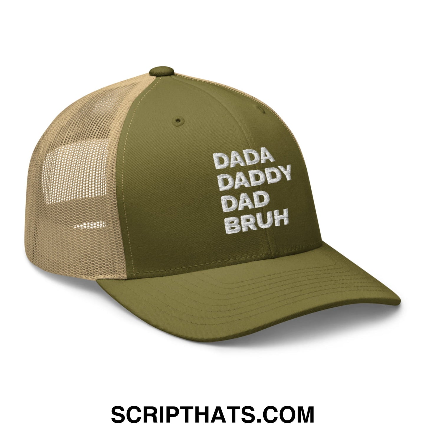 Dada Daddy Dad Bruh Embroidered Mesh Trucker Hat Moss Khaki