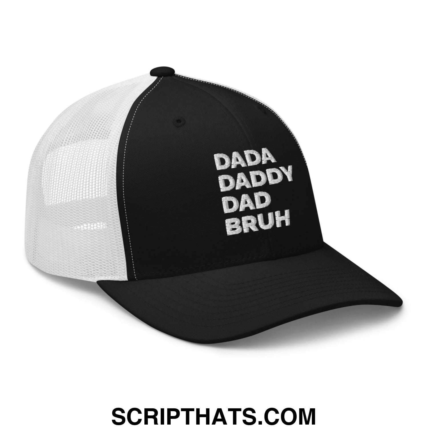 Dada Daddy Dad Bruh Embroidered Mesh Trucker Hat Black White
