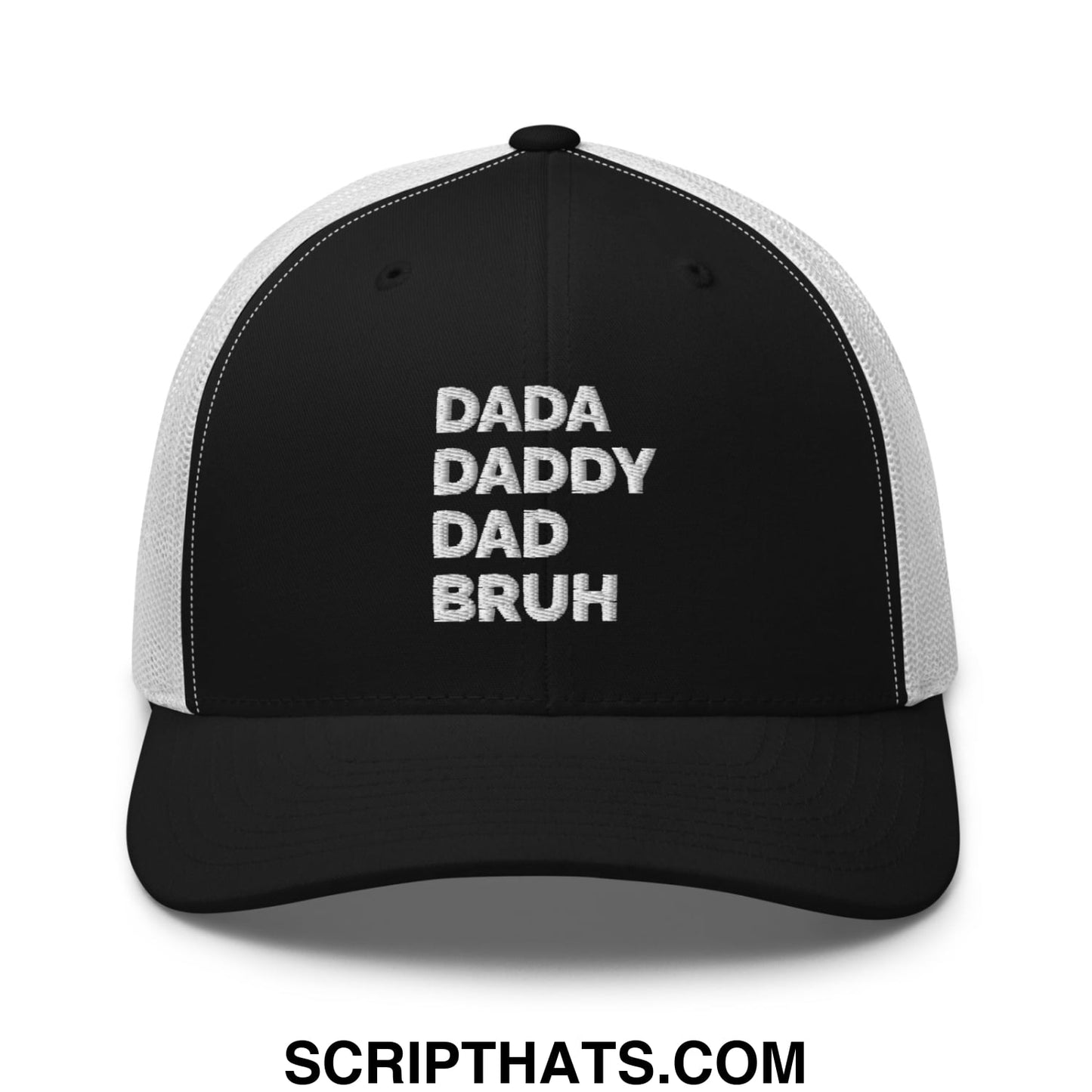 Dada Daddy Dad Bruh Embroidered Mesh Trucker Hat Black White