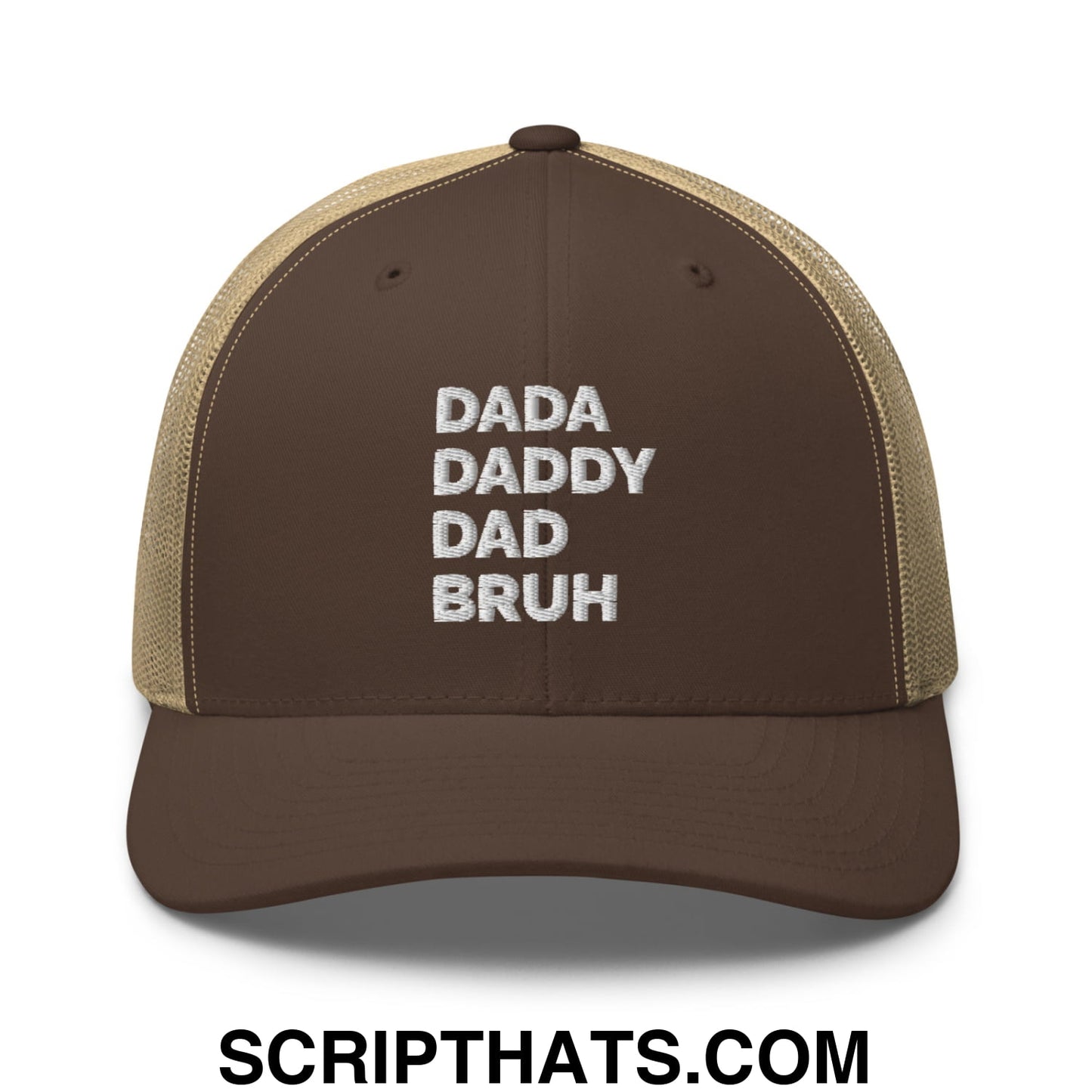Dada Daddy Dad Bruh Embroidered Mesh Trucker Hat Brown Khaki