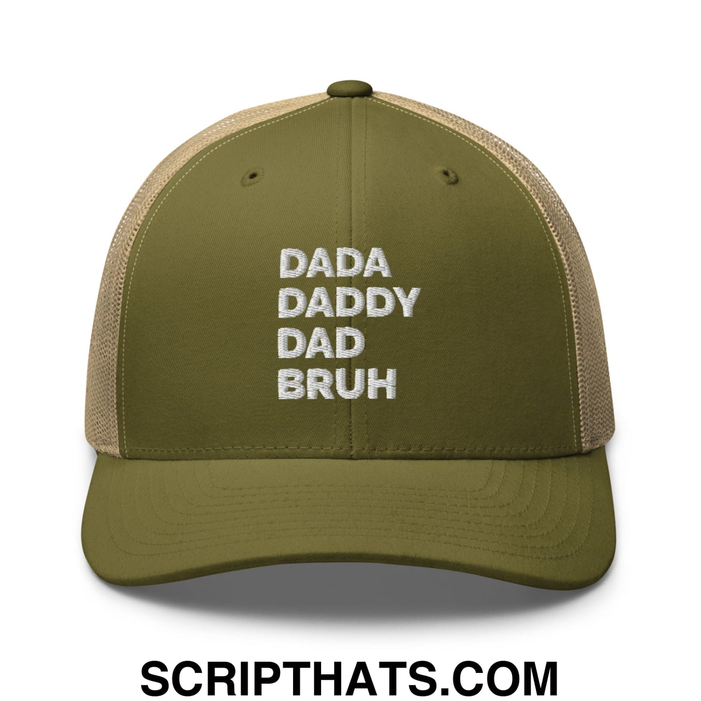 Dada Daddy Dad Bruh Embroidered Mesh Trucker Hat Moss Khaki