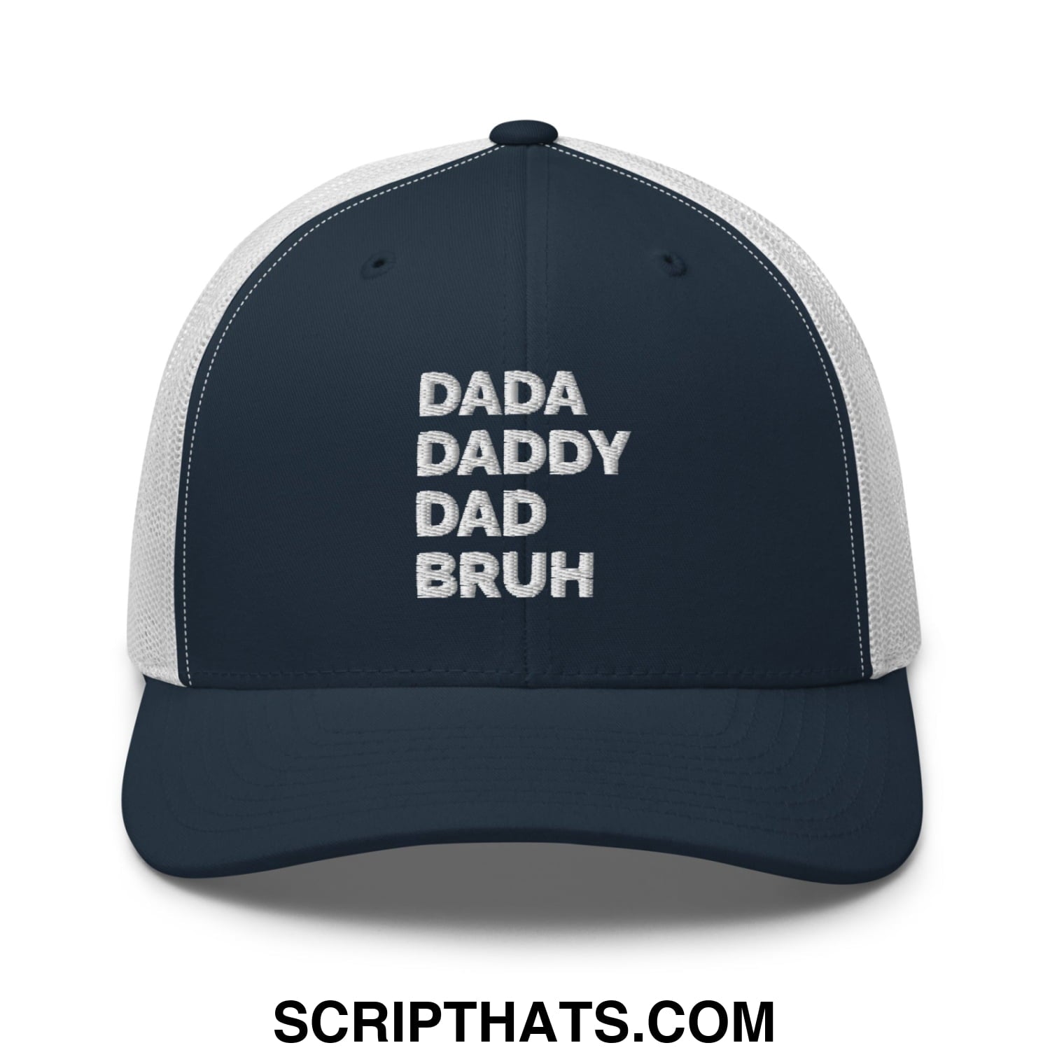 Dada Daddy Dad Bruh Embroidered Mesh Trucker Hat Navy White