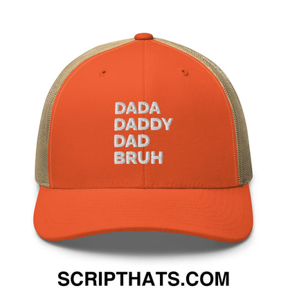Dada Daddy Dad Bruh Embroidered Mesh Trucker Hat Rustic Orange Khaki